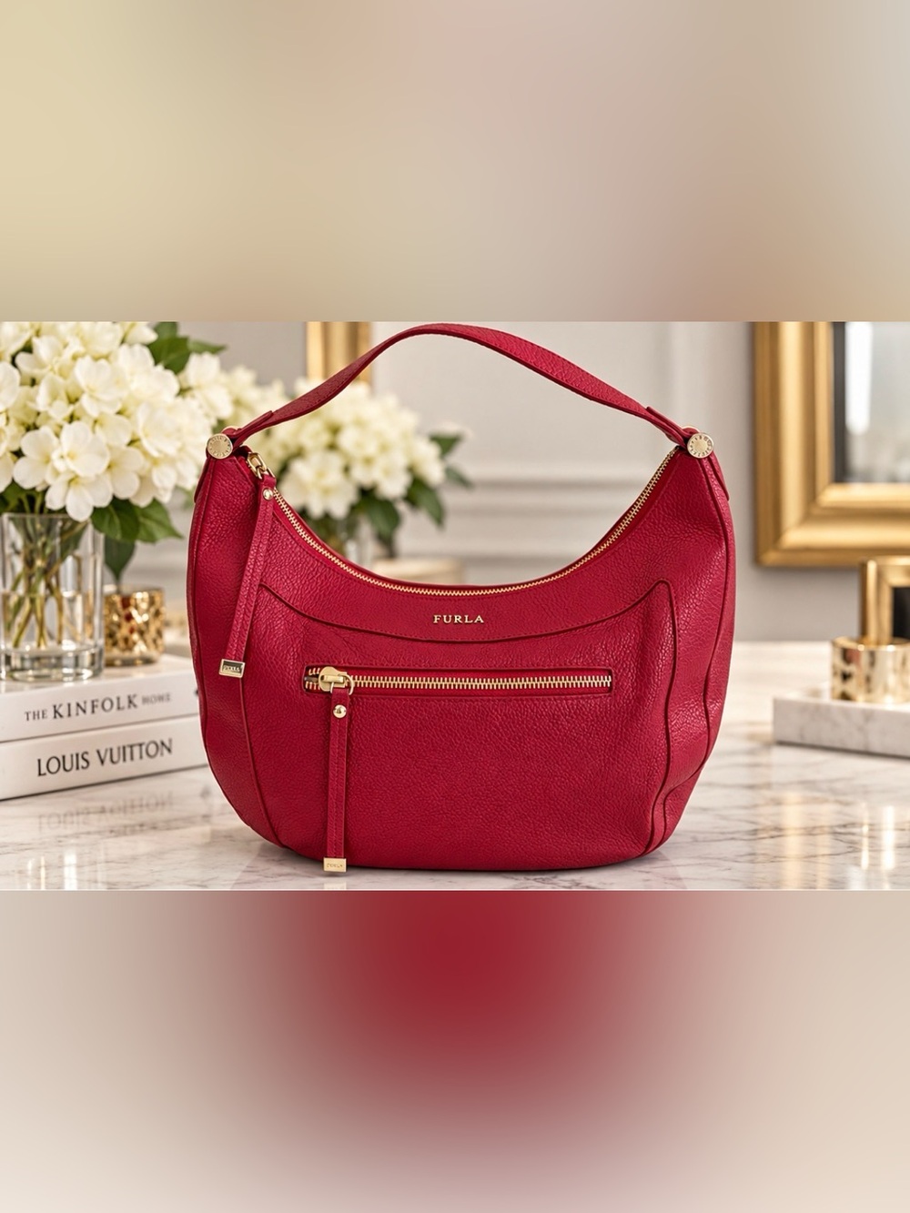 FURLA || Ginevra Red Pebbled Leather Hobo Shoulder Bag